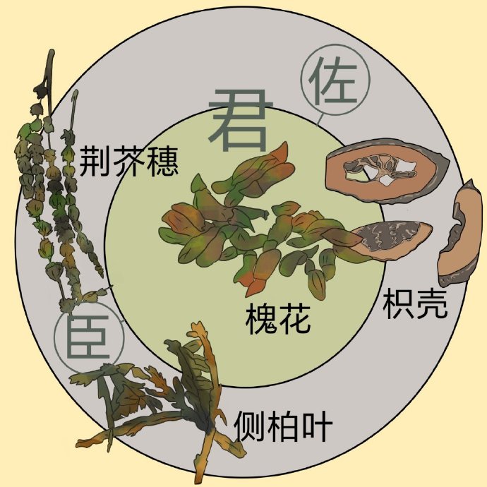 槐花散：槐花、侧柏叶、荆芥穗炒黑、枳壳